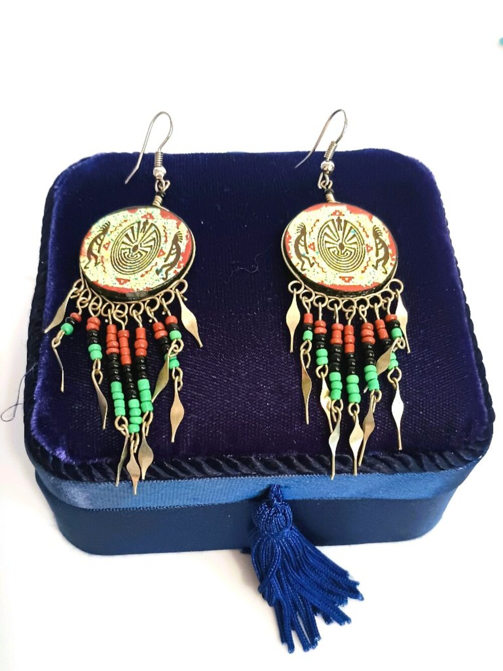 Beaded Dangle Chandelier Earrings 3.25" L Silver Tone Wire Tribal Style Jewelry